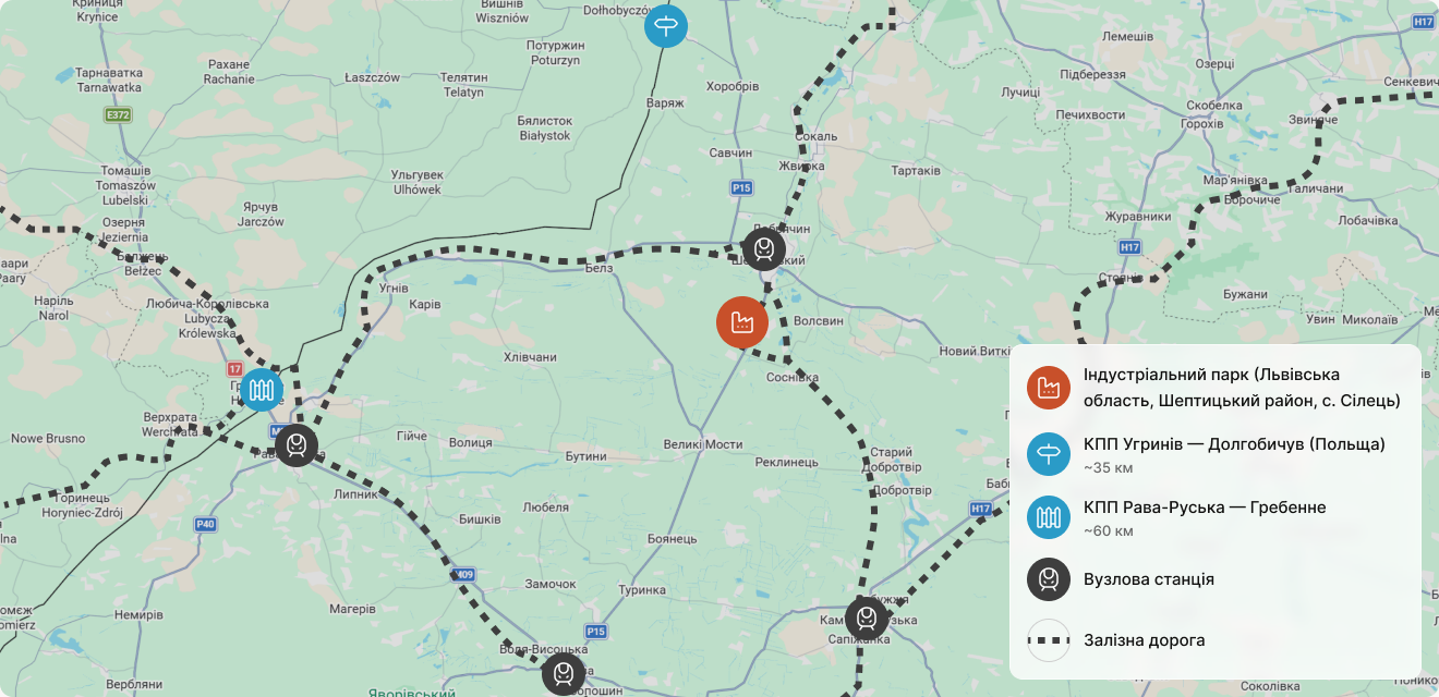 Карта розташування індустріального парку, пунктів пропуску, залізничних станцій та логістичних маршрутів